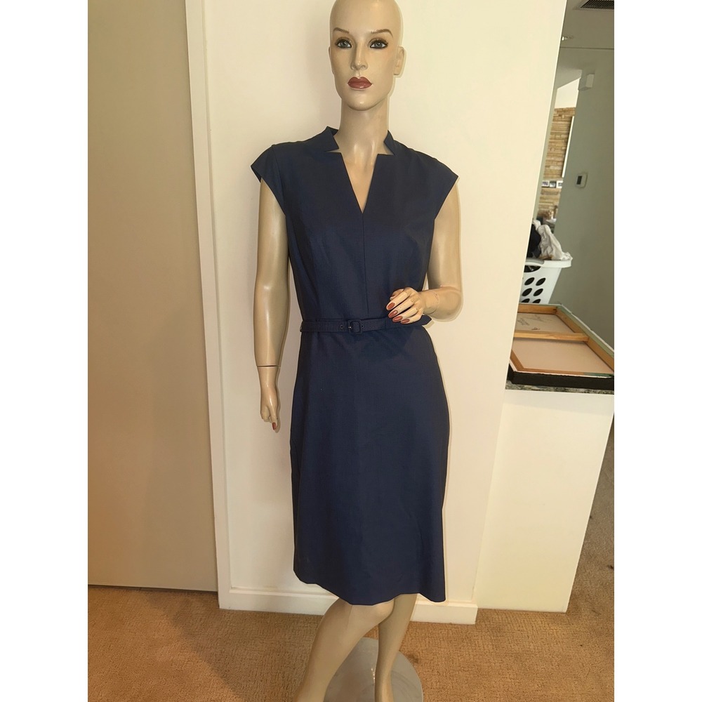 Ann Taylor Navy Blue Wool Blend Belted Sheath Dress 6 Cap Sleeve V-Neck Office
